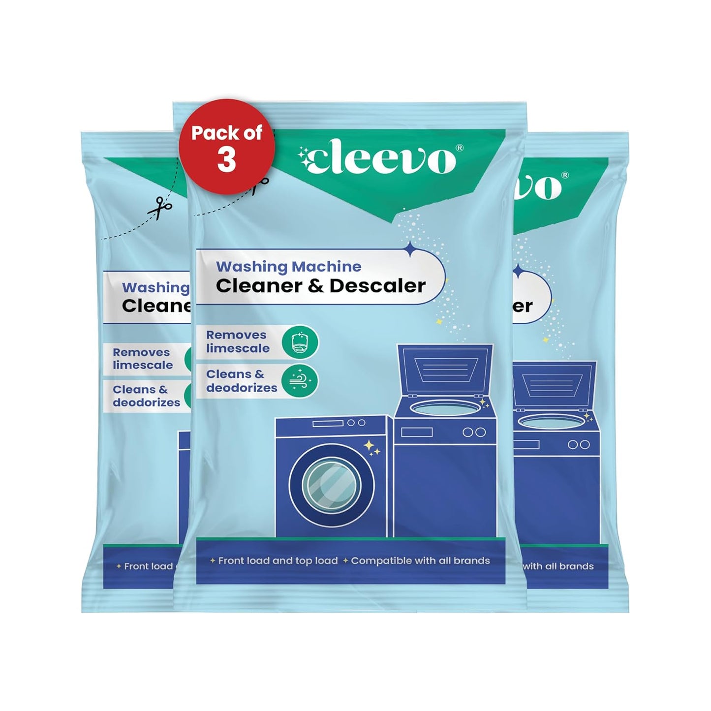 Cleevo Washing Machine Cleaner & Descaler Powder – Pack of 3 | Removes Limescale, Odour & Residue | Non-Toxic, Phosphate-Free | Front & Top Load Safe