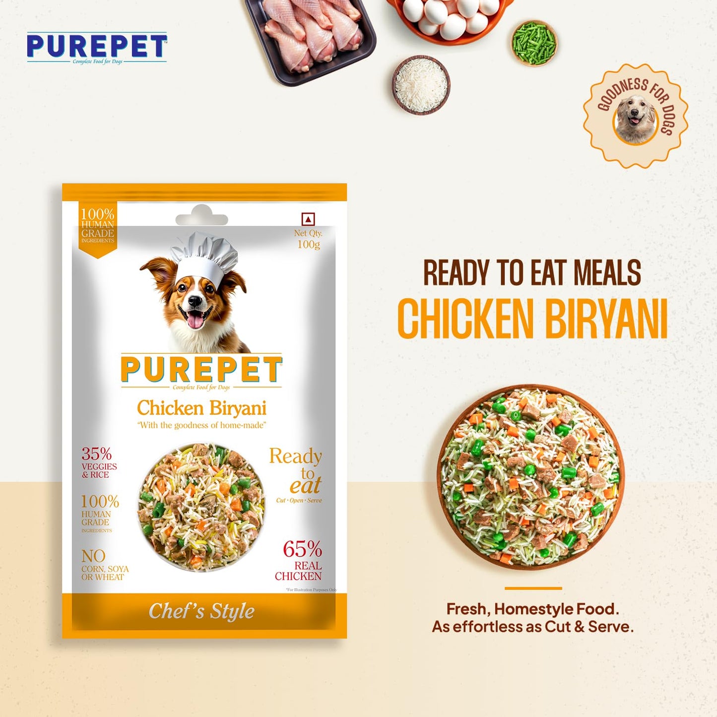 Purepet Fresh Dog Food Chicken Biryani, for Adult & Puppy, 100gm | High Protein, 65% Real Chicken, 35% Veggies & Rice | No Preservatives | Ready to Serve | All Breeds | One Pack One Meal