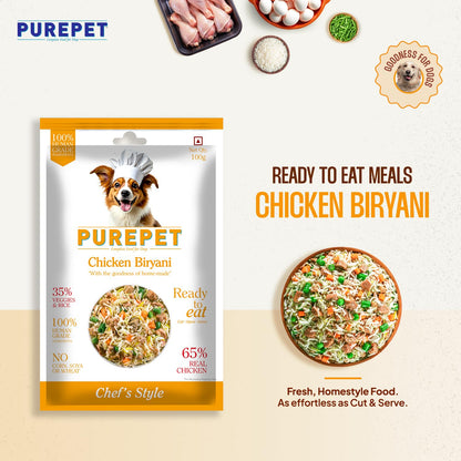Purepet Fresh Dog Food Chicken Biryani, for Adult & Puppy, 100gm | High Protein, 65% Real Chicken, 35% Veggies & Rice | No Preservatives | Ready to Serve | All Breeds | One Pack One Meal