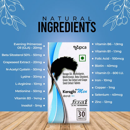 IPCA Keraglo Men Hair Growth Tablets 30 Tabs | DHT Inhibitors, Amino Acids, Vitamins, Minerals & Antioxidants | Nourishes Scalp, Supports Hair Follicles & Strengthens Hair | Hair Supplement
