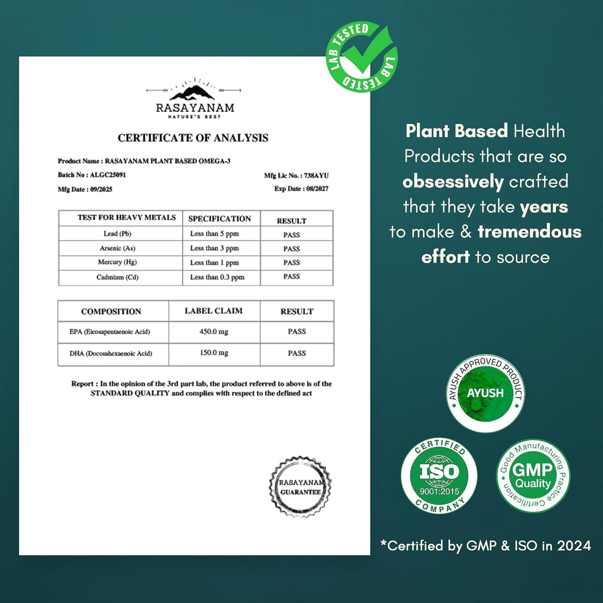 Certificate of Analysis for Rasayanam plant-based product with certification logos on a green background