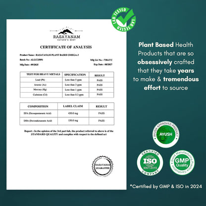 Certificate of Analysis for Rasayanam plant-based product with certification logos on a green background