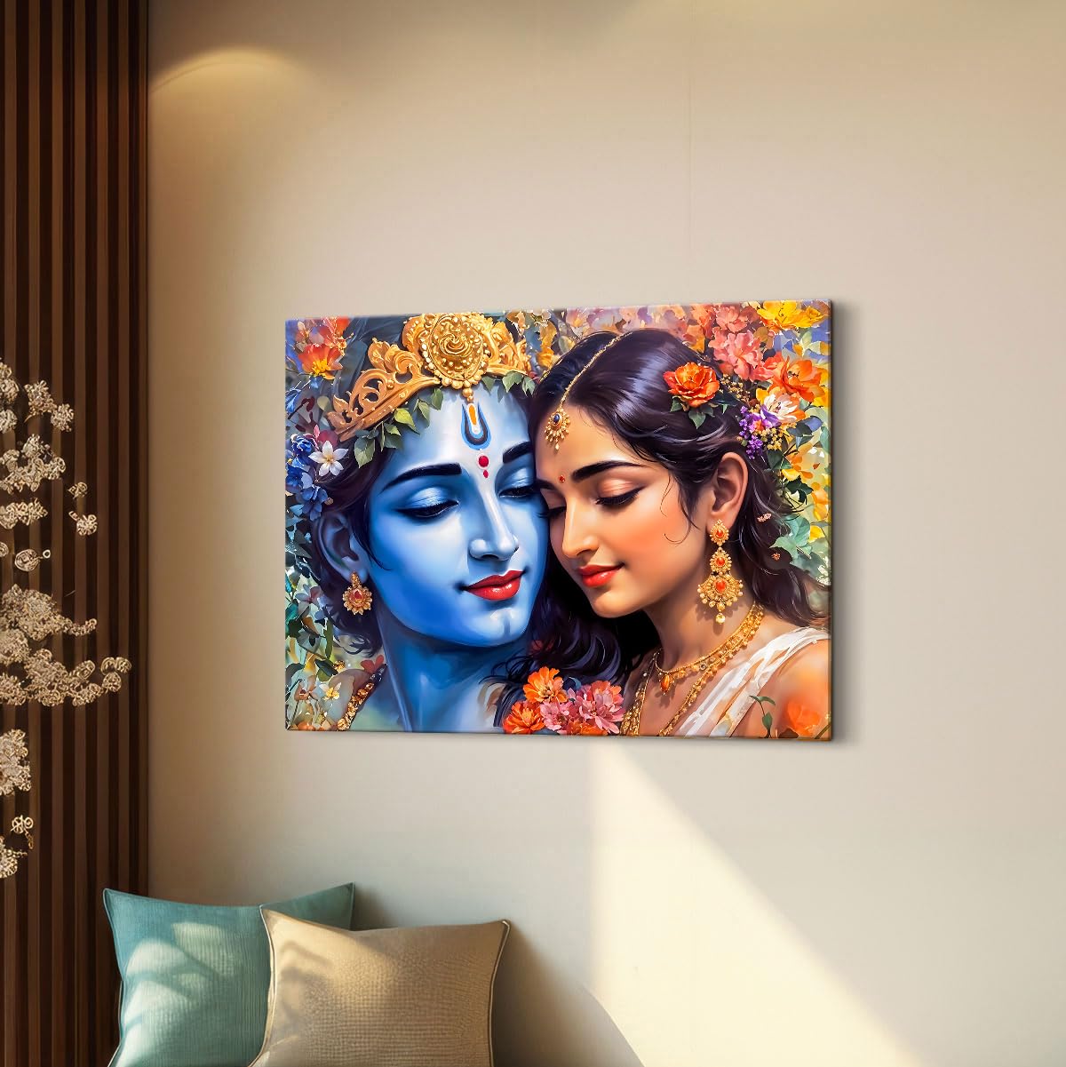 Canvas Radha Krishna Wall Painting, Big Size Wall Art Painting For Living Room, Bedroom, Multicolor, Abstract, 58.0 X 45.0 cm, Set of 1