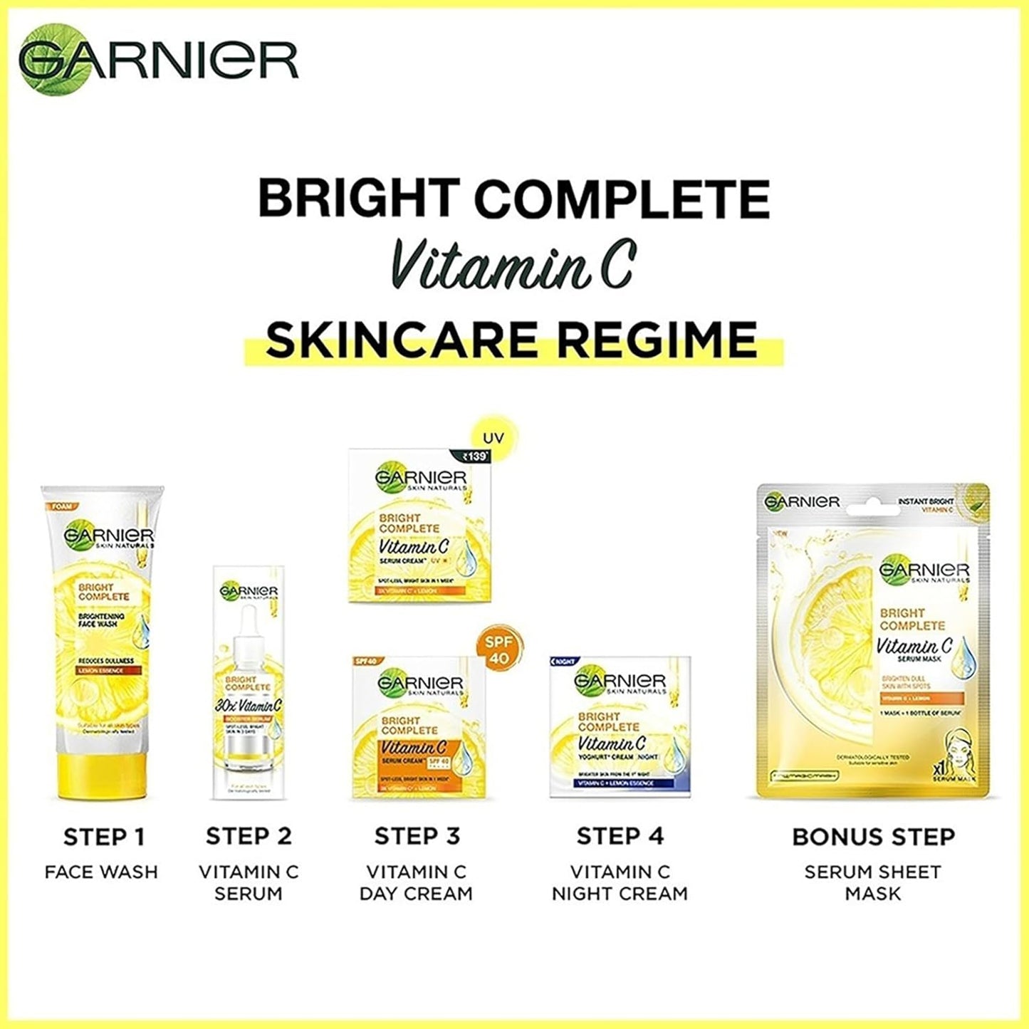 Garnier Bright Complete Vitamin C skincare regime with product images and steps on a white background.