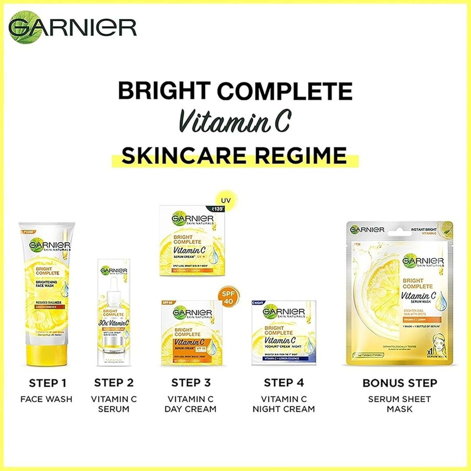 Garnier Bright Complete Vitamin C skincare regime with product images and steps on a white background.