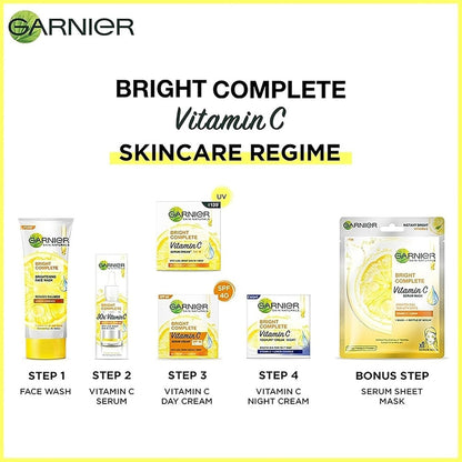 Garnier Bright Complete Vitamin C skincare regime with product images and steps on a white background.