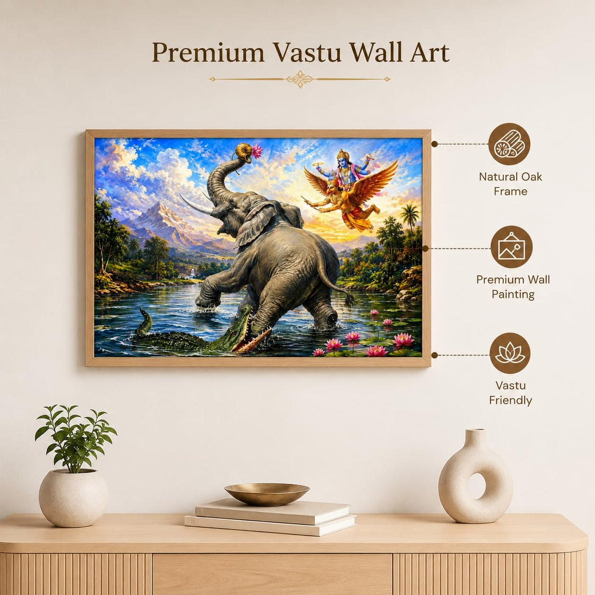Gajendra Moksha Lord Vishnu Vastu Wall Painting for Living Room Bedroom Hall Office Decor, Hindu Devotional Artwork, Premium Wooden Synthetic Frame (13.5 x 19.5 Inch) NM01-V-181