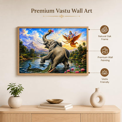 Gajendra Moksha Lord Vishnu Vastu Wall Painting for Living Room Bedroom Hall Office Decor, Hindu Devotional Artwork, Premium Wooden Synthetic Frame (13.5 x 19.5 Inch) NM01-V-181