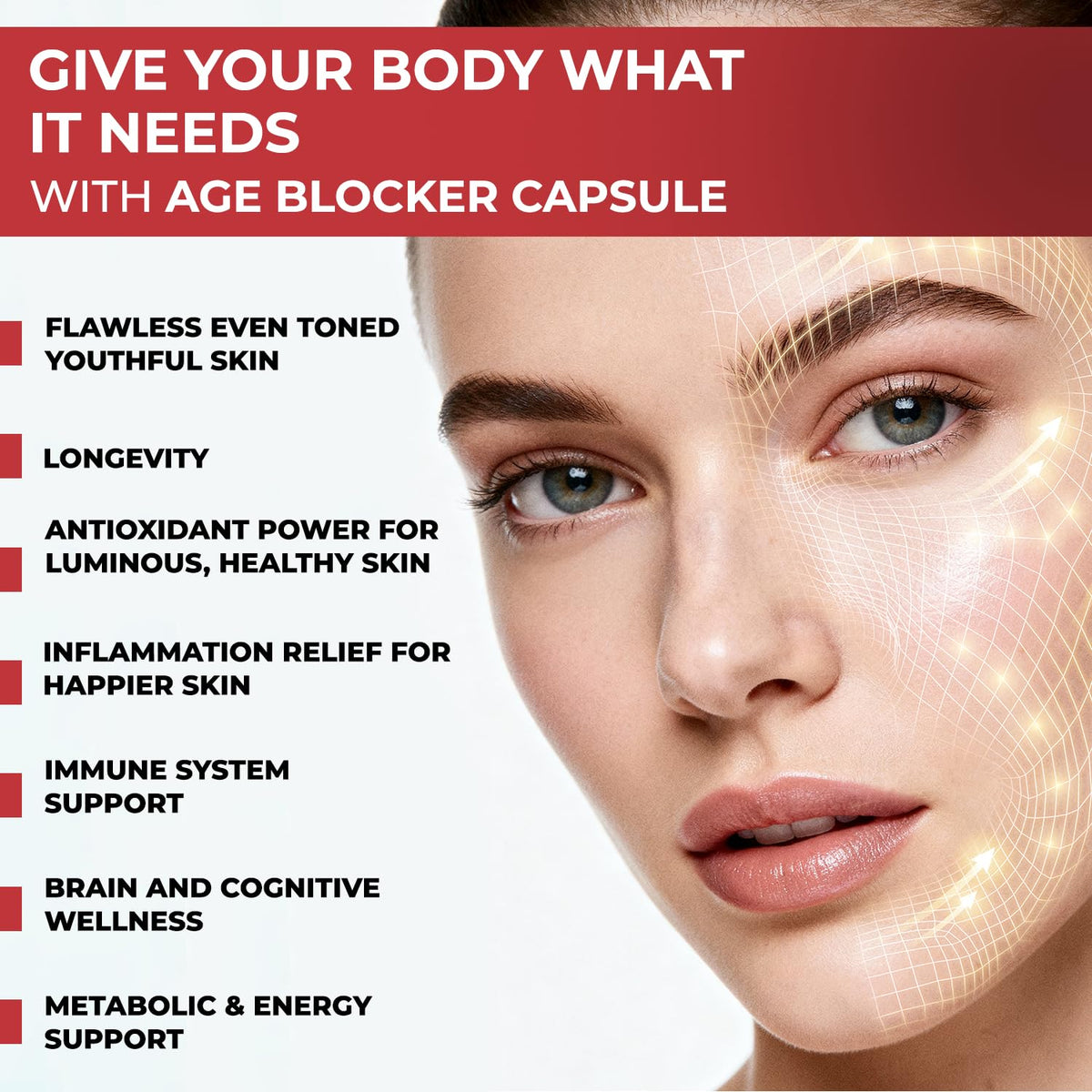 Advertisement for age blocker capsules with a woman's face and benefits listed.