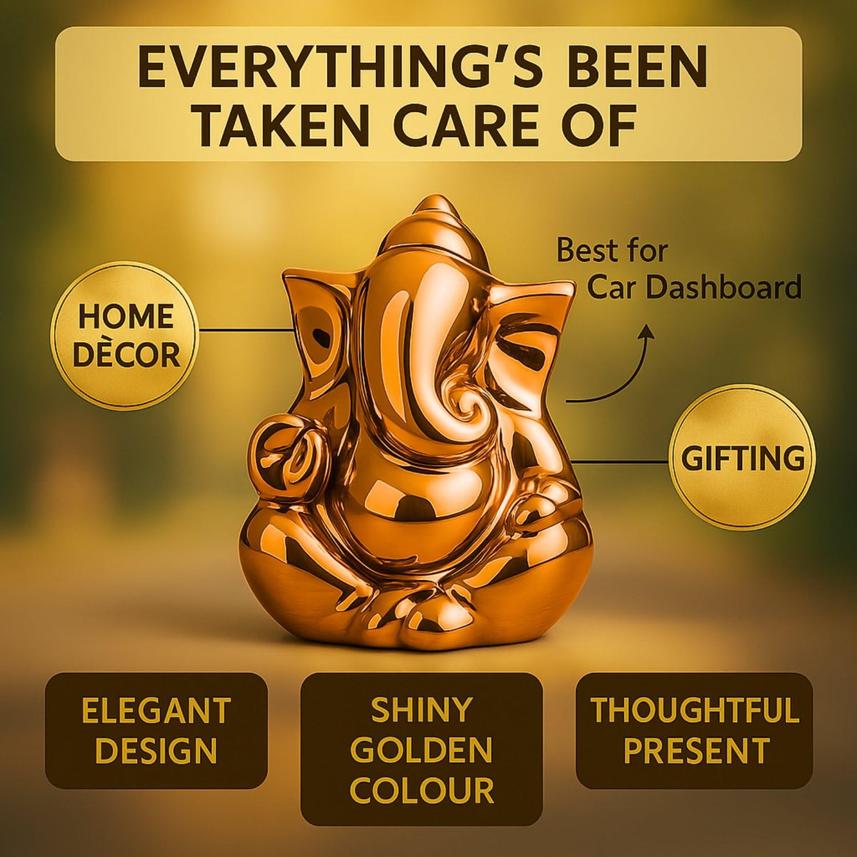 sculpmart Ganesh Idol for Home Decor & Car Dashboard | Ganesh Ji Murti Decorative Showpiece for Home Decor | Pooja Room & Office Desk (Golden) 10 CM