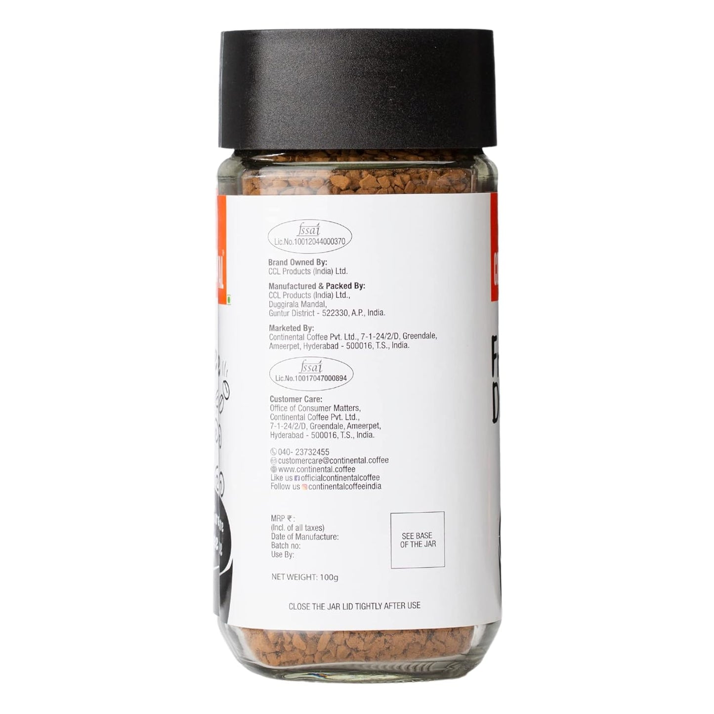 Continental Freeze Dried Coffee Powder | Black Coﬀee | Cold Coffee | Smoothest Coffee | Aroma Locked Coffee Crystals | 100g Jar | 100% Pure Coffee Powder | 100% Finest Dark Roasted Arabica Coffee |