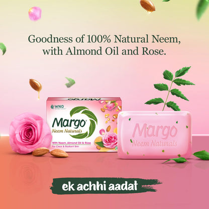 Margo Neem Naturals Soap with Goodness of 1000 Neem Leaves (100gm X Pack of 5) | Enriched With Almond Oil & Rose | Soap for Clear & Radiant Skin [100GM X 5]