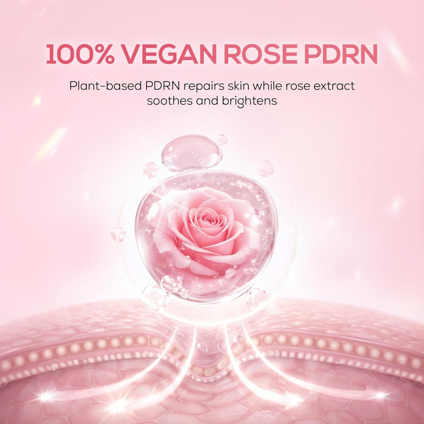 100% Vegan Rose PDRN product with a pink rose and water droplets on a pink background.