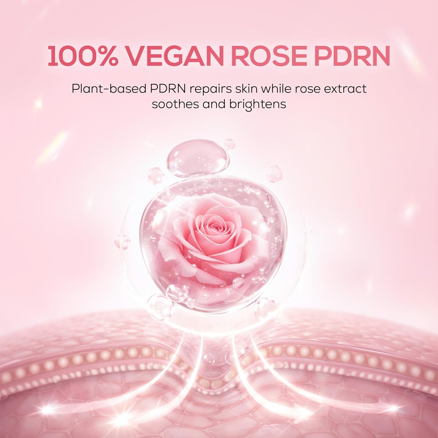 100% Vegan Rose PDRN product with a pink rose and water droplets on a pink background.
