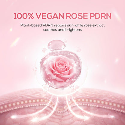100% Vegan Rose PDRN product with a pink rose and water droplets on a pink background.