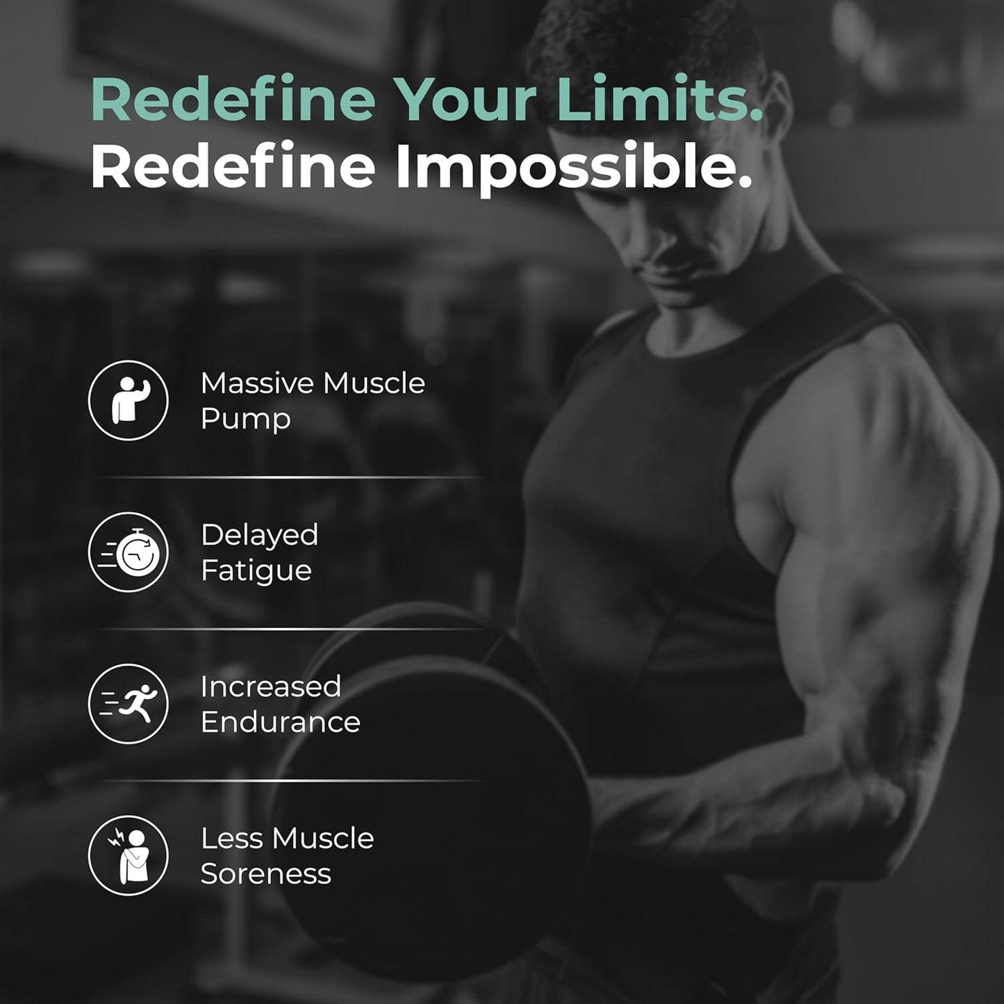 Person lifting weights with motivational text and benefits listed on a dark background