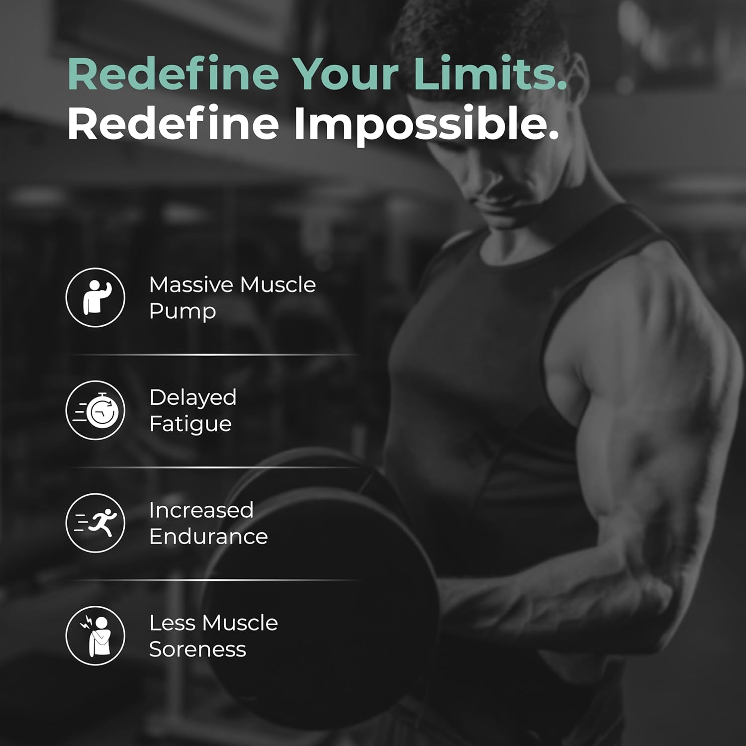 Person lifting weights with motivational text and benefits listed on a dark background