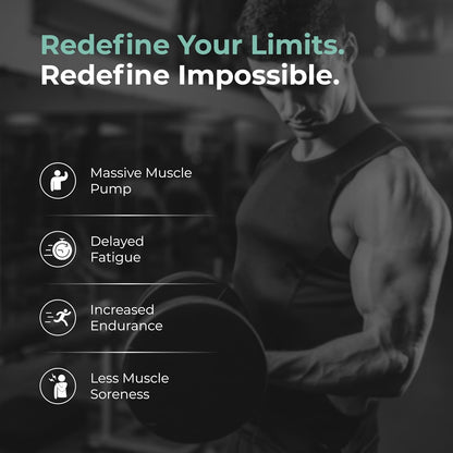 Person lifting weights with motivational text and benefits listed on a dark background