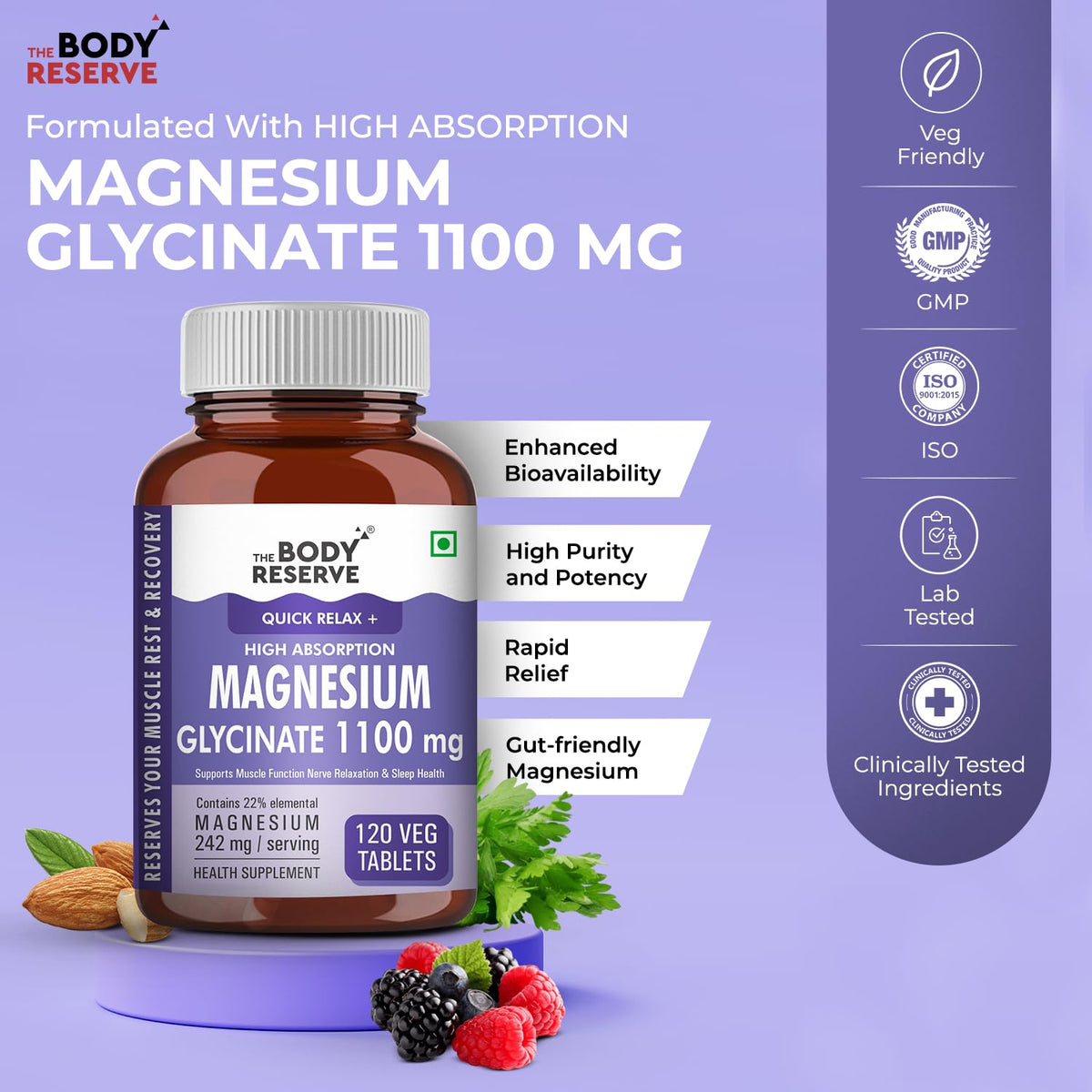 Body Reserve Magnesium Glycinate supplement bottle on a purple background with text and icons.