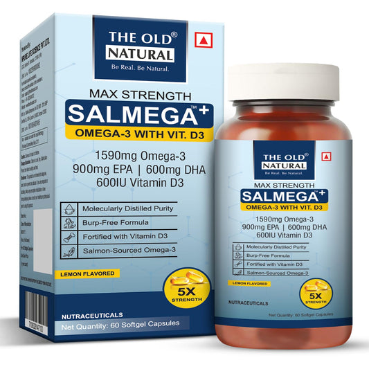 The Old Natural Salmega Omega 3 Fish Oil with Vitamin D3 600 IU – 1590mg High Strength (900mg EPA & 600mg DHA) for Heart, Brain, Joint & Immunity Support – Fish Oil Capsules for Men & Women – 60 Softgels