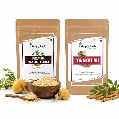 Simply Earth Performance Bundle: Peruvian Maca Root Powder (100g) & Tongkat Ali Longjack Root Extract 100:1 (50g) | Boosts Vitality, Testosterone Level, Stamina & Stress Tolerance for Men & Women