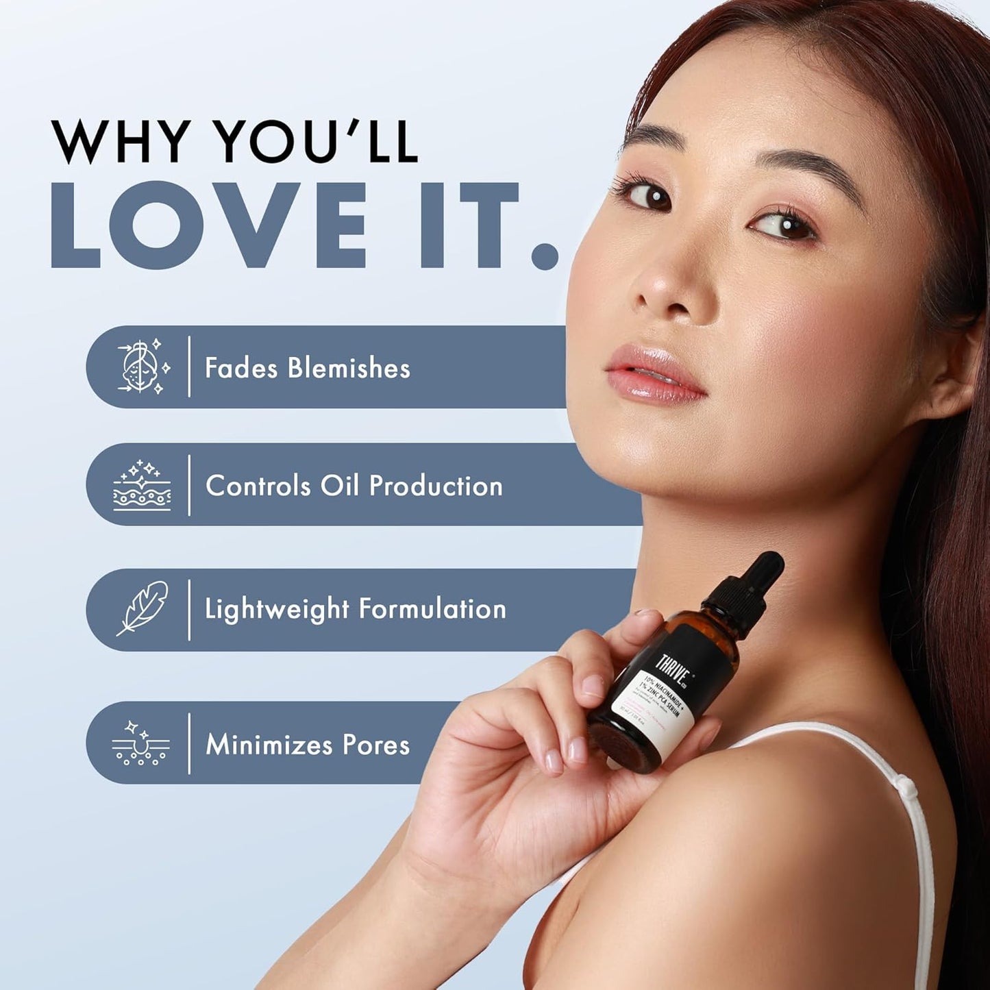 Woman holding a skincare dropper bottle with product benefits listed on a light blue background