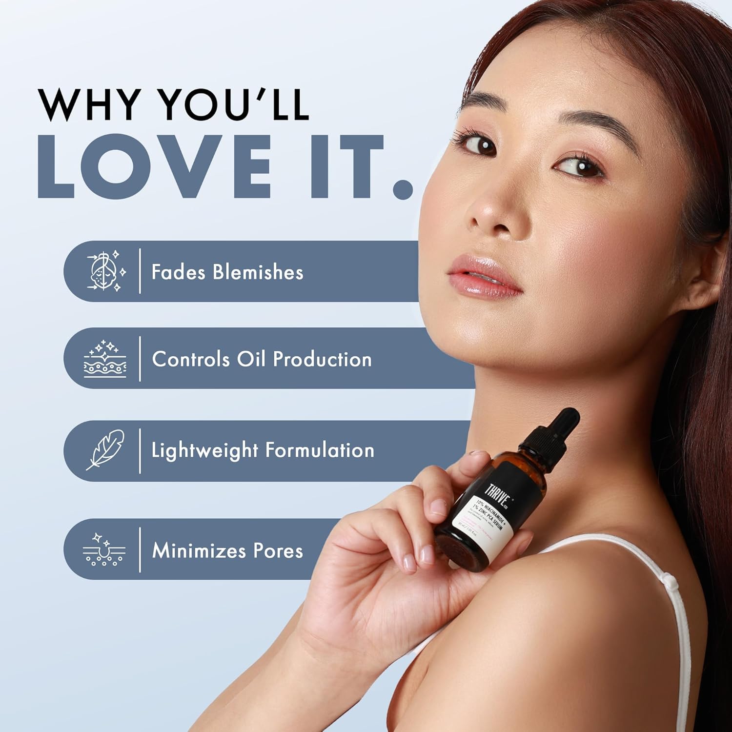 Woman holding a skincare dropper bottle with product benefits listed on a light blue background