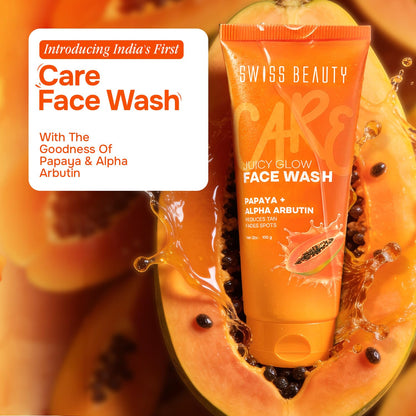 Swiss Beauty Care Juicy Glow Face Wash | Papaya + Alpha Arbutin | Removes Dirt & Grime | Fades Tan & Spots | Nourishes & Hydrates - 100g