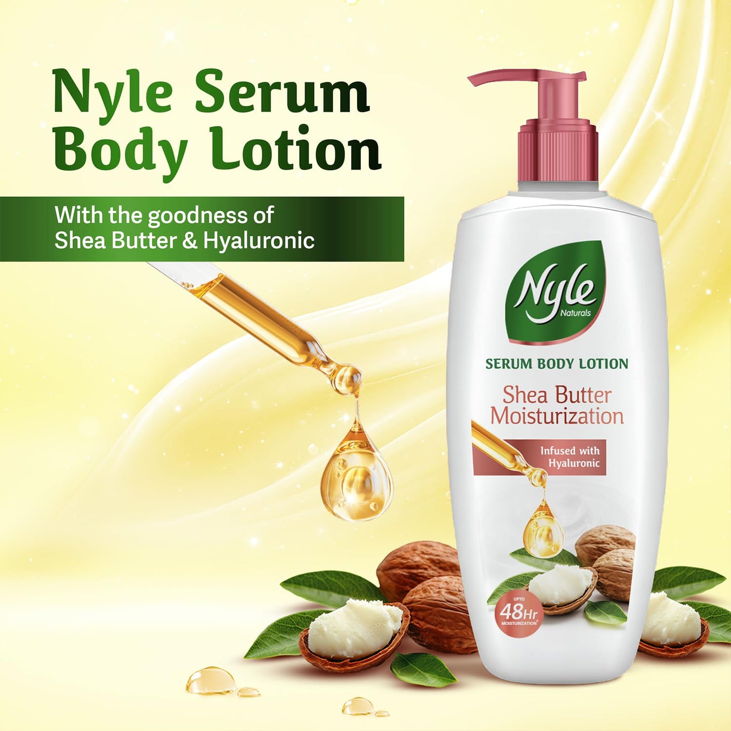 Nyle Serum Body Lotion for All Skin Types | Shea Butter + Hyaluronic + Vitamin B5 | Lightweight, Non-Sticky | 48H Moisturization | Deep Nourish & Soft Skin | 400ml