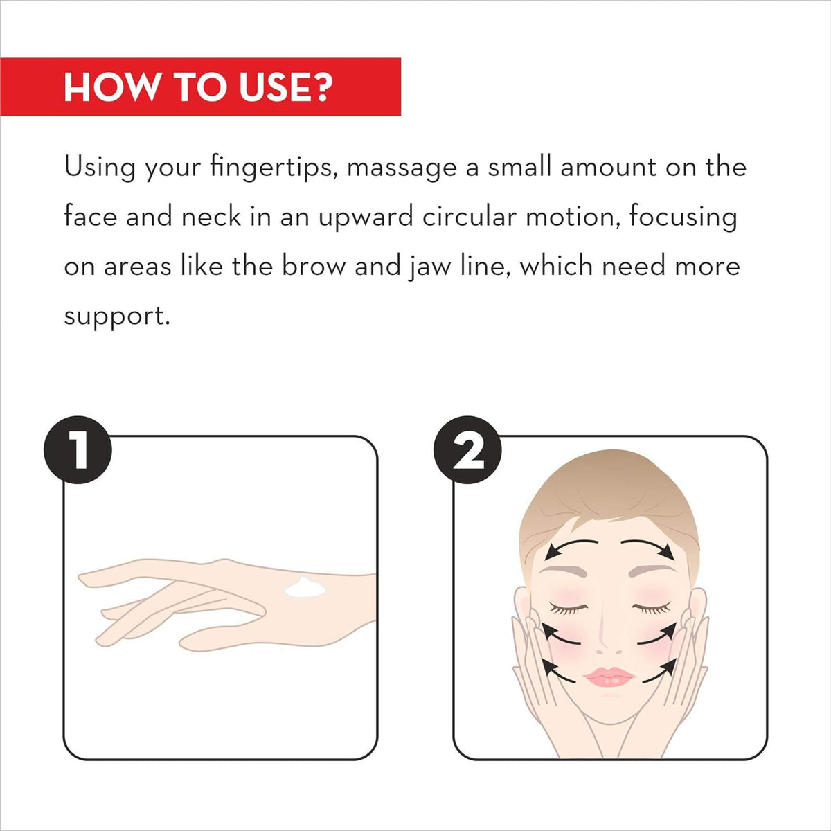 Instructions on how to use a product, showing a hand applying cream and a person massaging it onto their face.