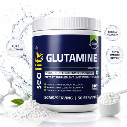 Sea Life 100% Pure L-Glutamine | Glutamine Powder, Amino Acid | Post Workout Supplement for Muscle Growth & Recovery - 250g, Unflavoured (50 Servings) For Men & Women. Pack of-1