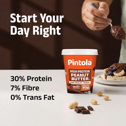 PINTOLA High Protein Peanut Butter Chocolate Flavour Crunchy, Added WHEY Protein, 30g Protein 6.2g Fiber, Gluten Free, Zero Trans Fat, Dark Chocolate Peanut Butter Spread, Nut Butter Bread Snacks