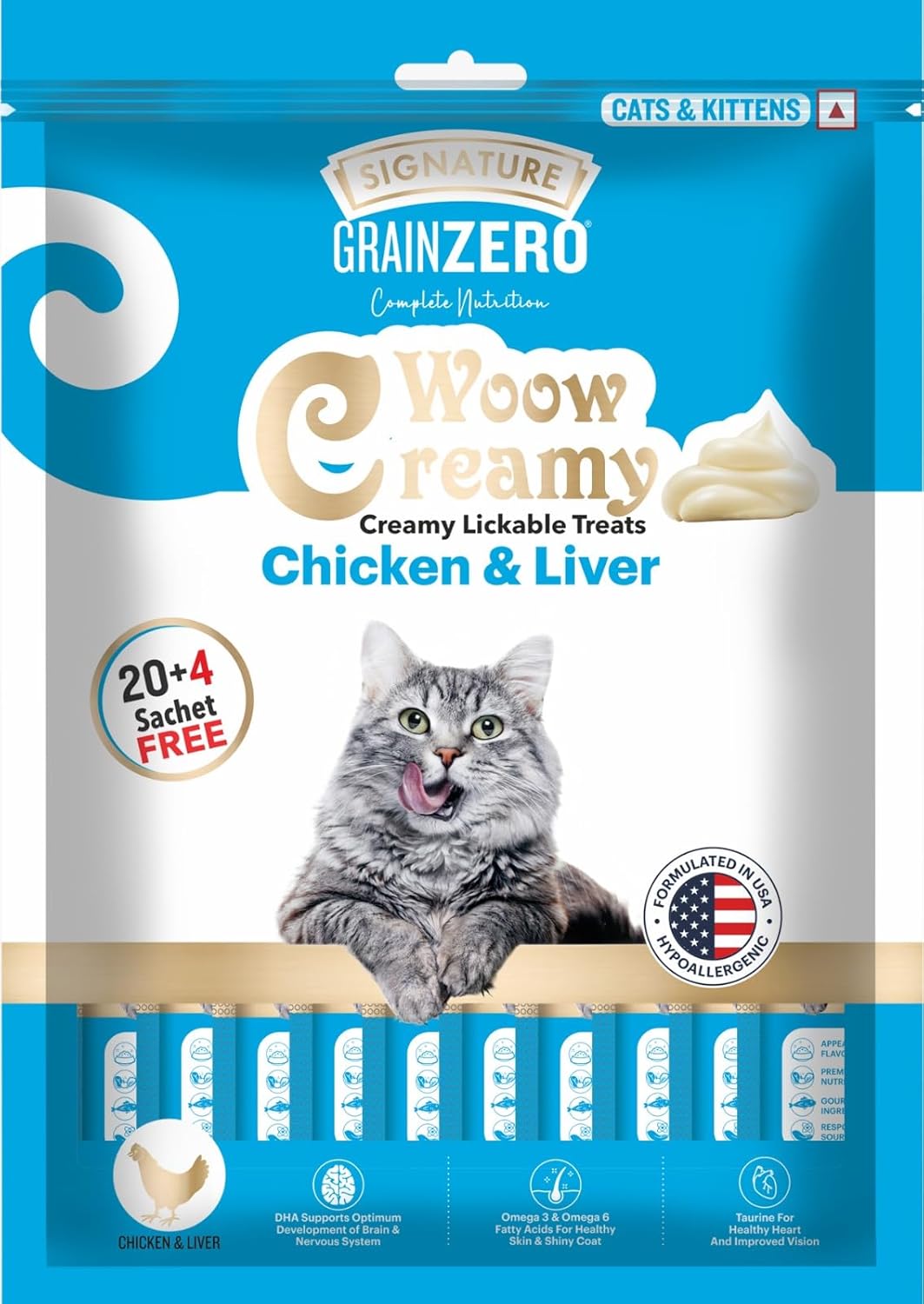 Grain Zero Creamy Lickable Cat Treats Chicken and Liver, 360 Gm - 20 Sachet + 4 Free | Rich in Protein, Promotes Hydration, No Artificial Preservatives | for Training and Bonding | for Kitten & Adult