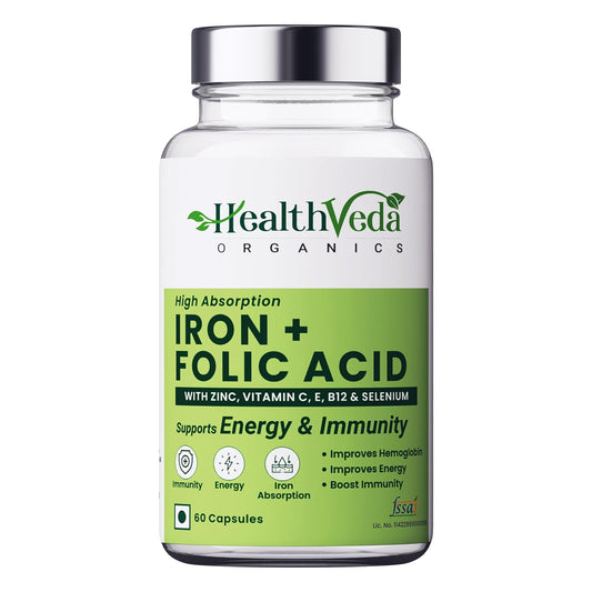 Zephivo HEALTH VEDA ORGANICS PRIVATE LIMITED Chelated Iron Folic Acid Supplement With Zinc, Vitamin C & B12, Zinc & Spinach Leaves | Hemoglobin, Boost Immunity & Maintains Iron Level | 60 Veg Capsules