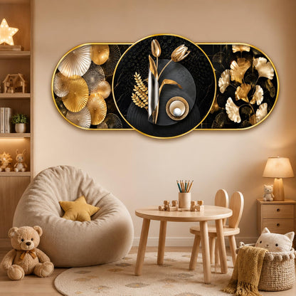 Abstract Golden Leaf Wall Painting for Living Room Bedroom Kids Room Decor, Black Gold Round Modern Art with Premium PVC Golden Frame (16 x 35 Inch)