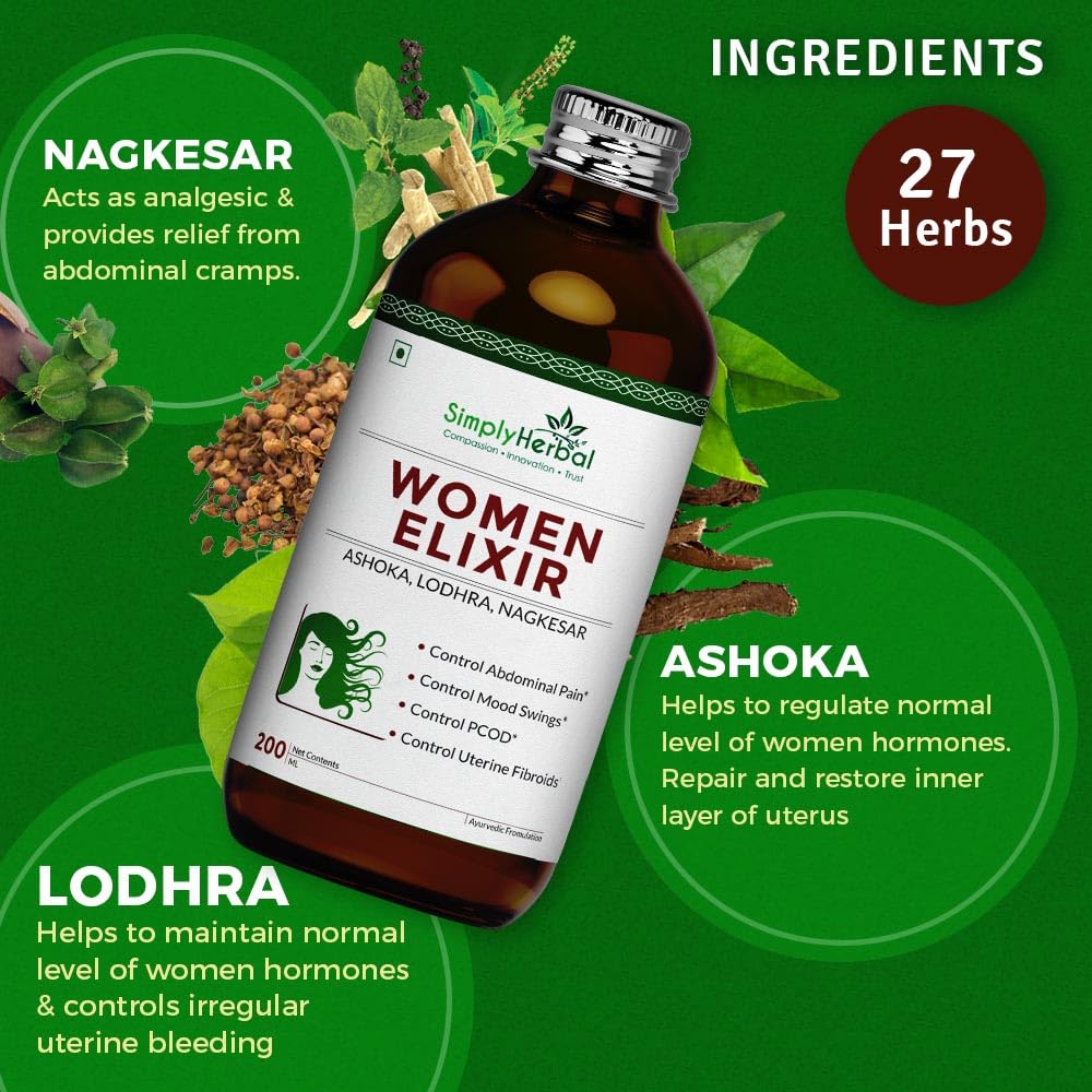 Simply Herbal Super Women Elixir for Women's Menstrual Health, Reflief in PCOD & PCOS, Controls Mood Swing, Abdominal Cramps (Pack of 1-450 Ml Each)