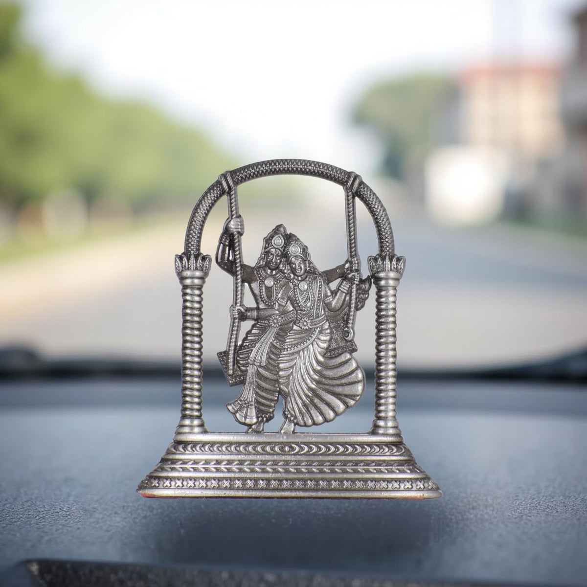 Radha Krishna Jhula Idol for Car Dashboard – Silver Finish Hindu God Statue Romantic Swing Murti for Car & Temple (S907-SLVR)