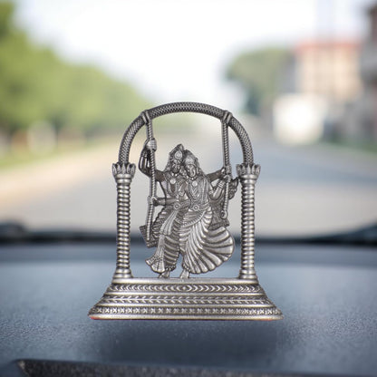 Radha Krishna Jhula Idol for Car Dashboard – Silver Finish Hindu God Statue Romantic Swing Murti for Car & Temple (S907-SLVR)