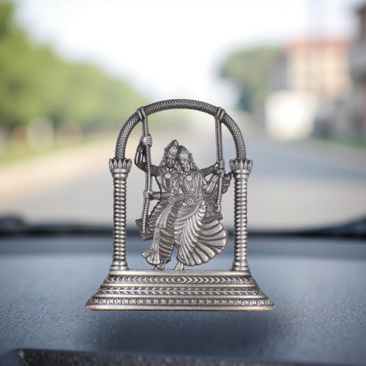 Radha Krishna Jhula Idol for Car Dashboard – Silver Finish Hindu God Statue Romantic Swing Murti for Car & Temple (S907-SLVR)