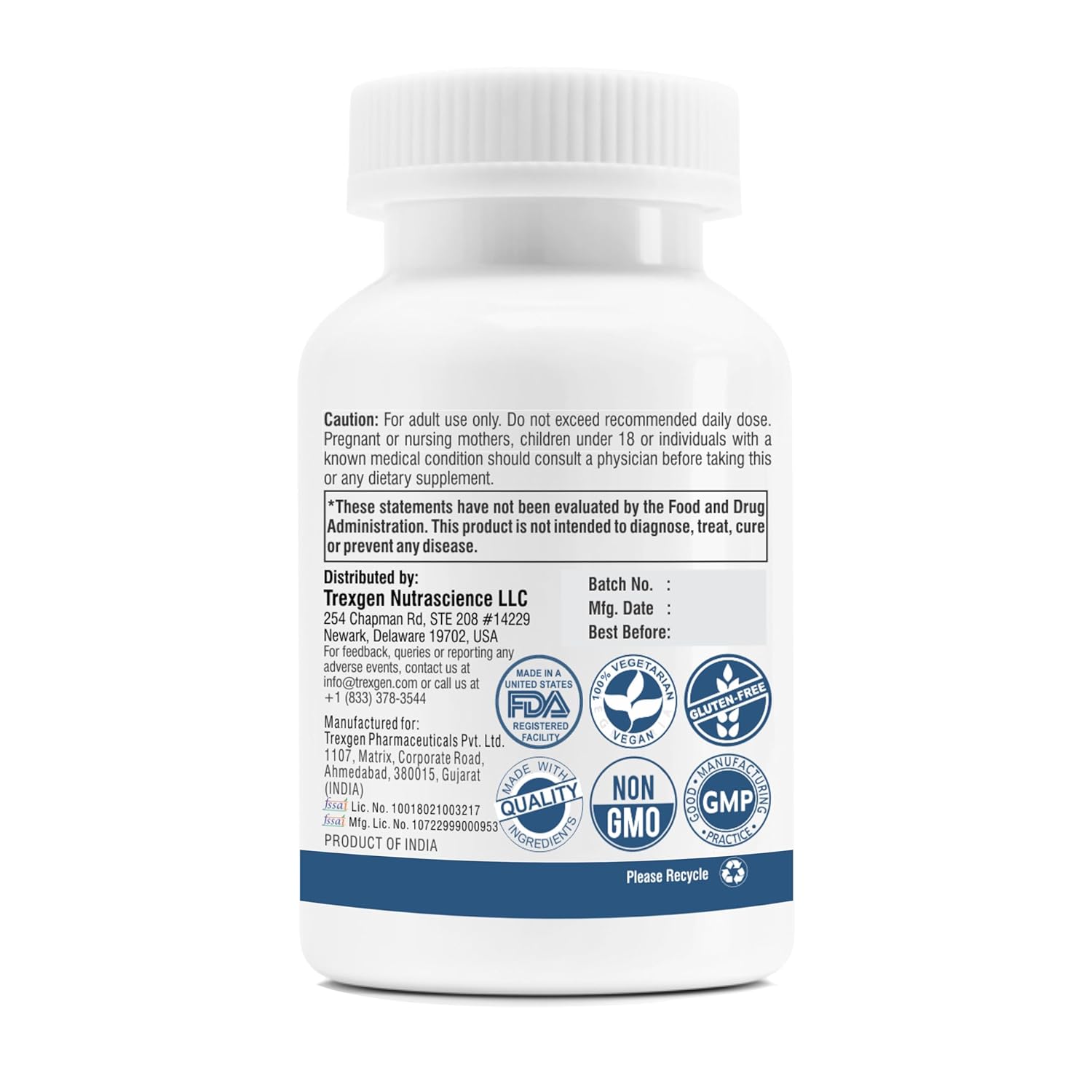 Supplement bottle with label and certification logos on a white background