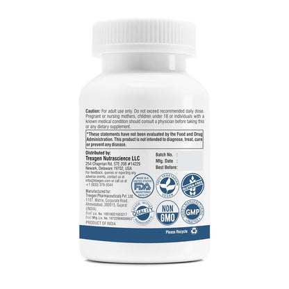 Supplement bottle with label and certification logos on a white background
