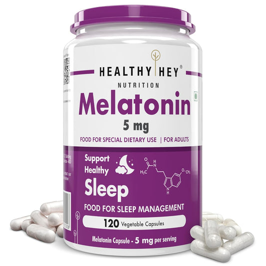 Melatonin supplement container with white label and purple cap on a white background