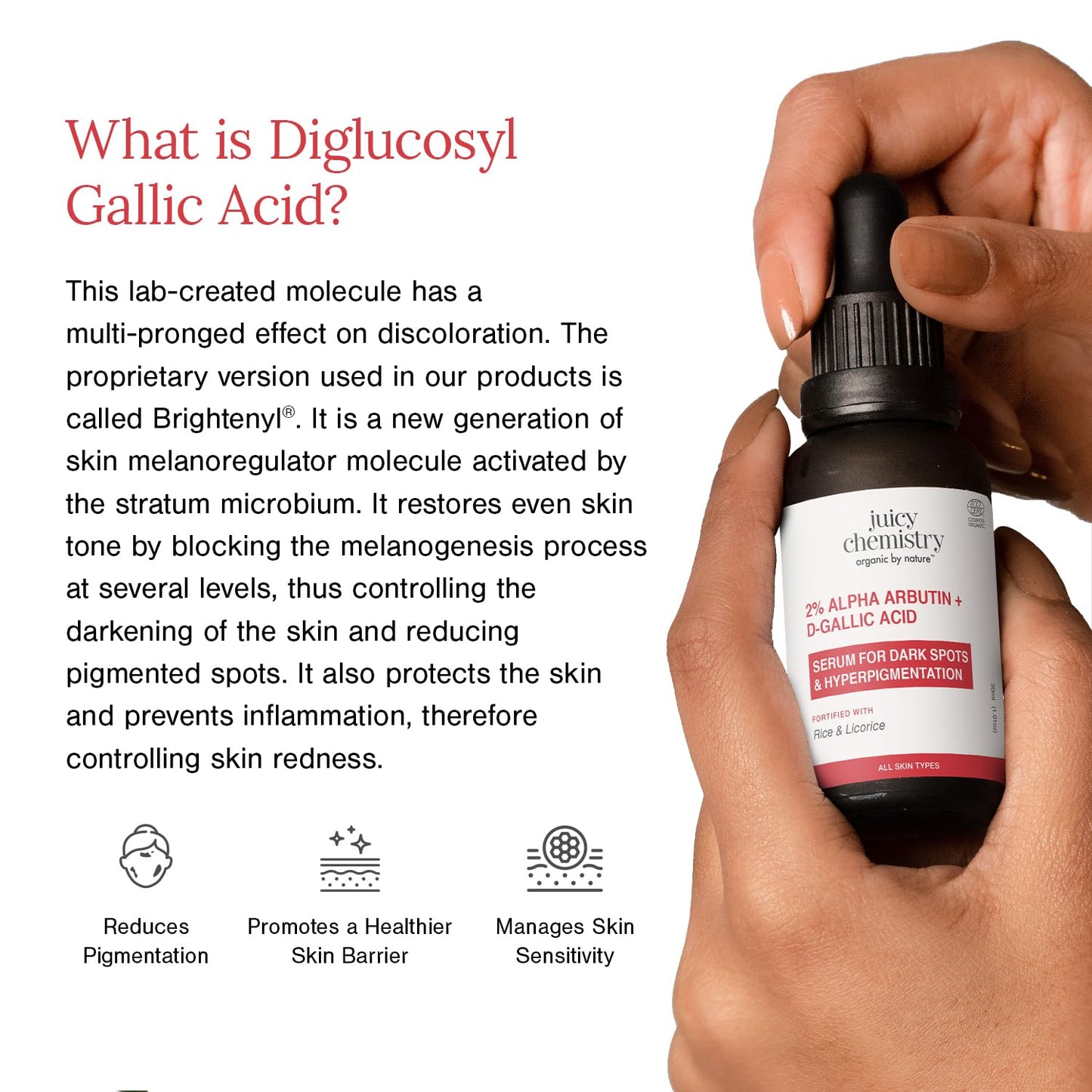 Juicy Chemistry 2% Alpha Arbutin + D-Gallic Acid Serum, 30 ml | Fades Pigmentation, Dark Spots & Acne Scars | Hydrates & Brightens Skin Tone | Lightweight | All Skin Types | Dermatologically Tested