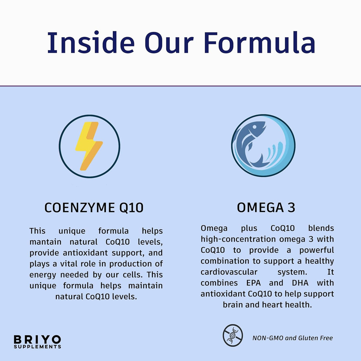Supplement formula infographic with Coenzyme Q10 and Omega 3 icons and descriptions.