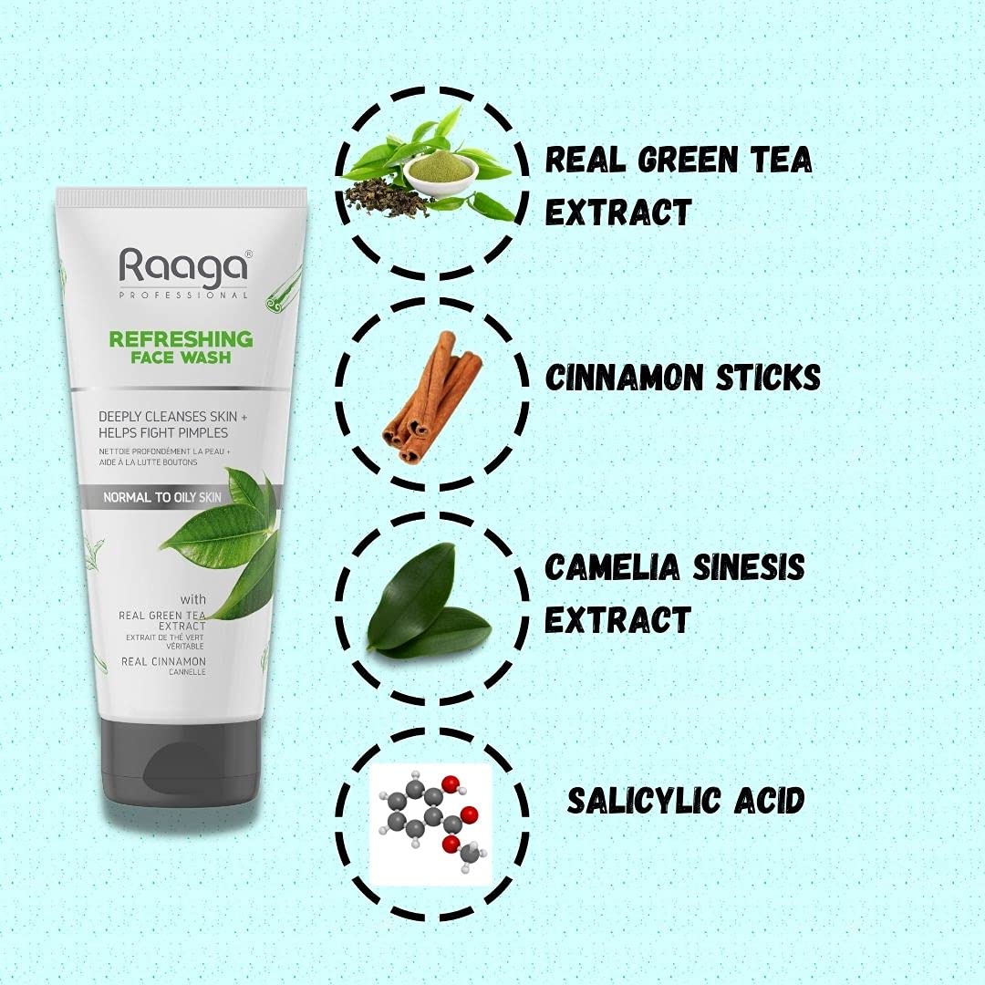 Raaga Refreshing Face Wash tube with ingredients on a light blue background