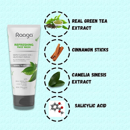 Raaga Refreshing Face Wash tube with ingredients on a light blue background