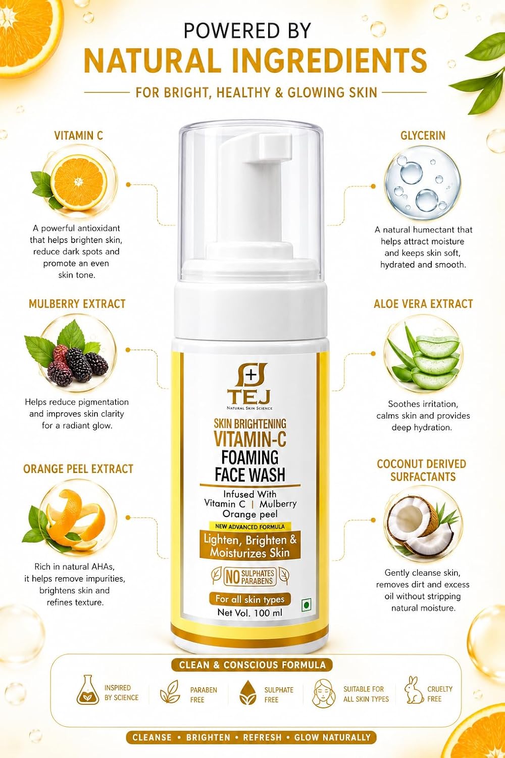 TEJ BEAUTY CARE Vitamin C Foaming Face Wash for Gentle Facial Cleansing Brightening and Natural Glow | Daily Refreshing Foam Cleanser for Soft Hydrated Complexion (100 ml)