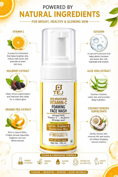 TEJ BEAUTY CARE Vitamin C Foaming Face Wash for Gentle Facial Cleansing Brightening and Natural Glow | Daily Refreshing Foam Cleanser for Soft Hydrated Complexion (100 ml)