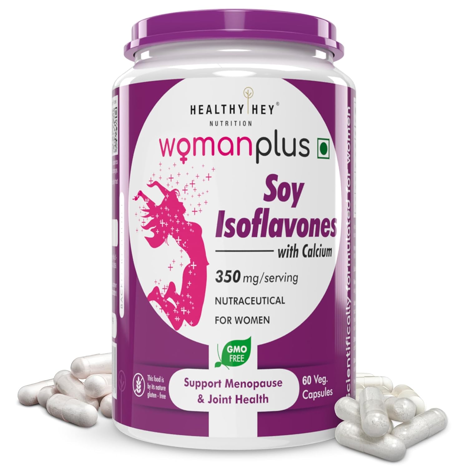 Supplement container labeled 'Healthy Hey Woman Plus Soy Isoflavones with Calcium' on a white background