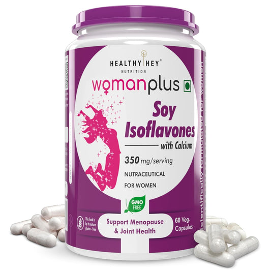 Supplement container labeled 'Healthy Hey Woman Plus Soy Isoflavones with Calcium' on a white background